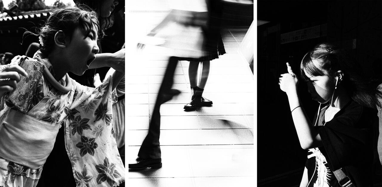 Photo de rue au Japon - tryptique extrait de la série Wakarimasen présentant 2 visages et des jambes croisées.