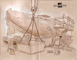 Croquis d'un bateau au chantier du GIP à Brest par Cécile Hocquet