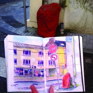 Croquis du pillier rouge réalisé dans la rue par Guillaume Duval
