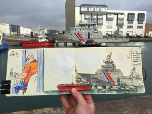 Croquis du bateau de la douane au port de Brest réalisé par Guillaume Duval